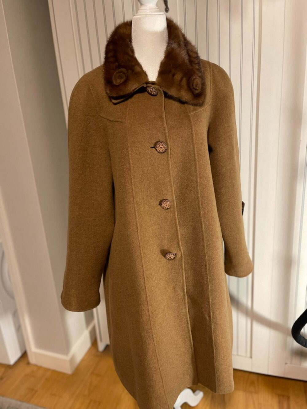 Twins Lamb Wool -Mink Fur Collar Coat Camel Brown Handmade Vintage Korean Coat M